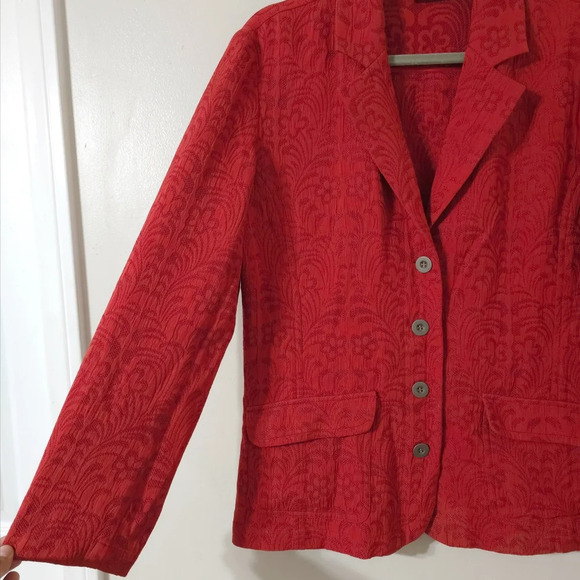 CHICOS 100% Silk Floral Knit Patterned Blazer, Red Orange, Unlined, Size 1, M - Picture 3 of 16
